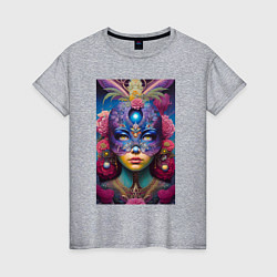 Футболка хлопковая женская Девушка в маскарадной маске - нейросеть, цвет: меланж