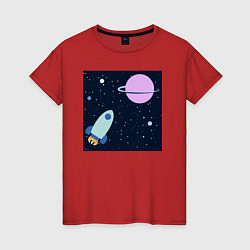 Футболка хлопковая женская Космос, ракета летит к планете, цвет: красный