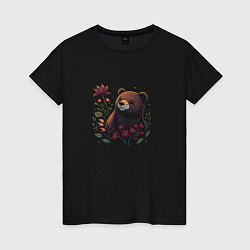 Футболка хлопковая женская Медведь и цветы, цвет: черный