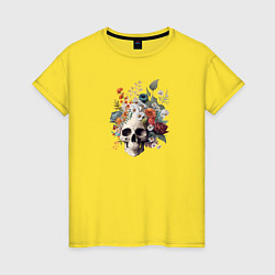 Футболка хлопковая женская Череп и цветы, цвет: желтый