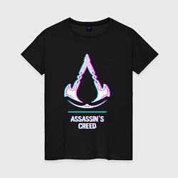 Футболка хлопковая женская Assassins Creed в стиле glitch и баги графики, цвет: черный
