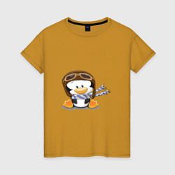 Футболка хлопковая женская Пингвин в шапке лётчика, цвет: горчичный