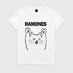 Футболка хлопковая женская Ramones - rock cat, цвет: белый