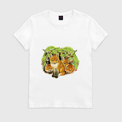 Футболка хлопковая женская Маленькие лисята, цвет: белый