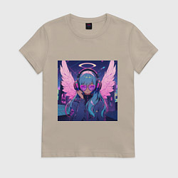 Женская футболка Милая аниме девочка-ангел в больших неоновых наушн