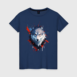 Футболка хлопковая женская Голова волка - рисунок с пятнами краски, цвет: тёмно-синий