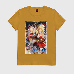 Футболка хлопковая женская Lumine and Paimon christmas, цвет: горчичный