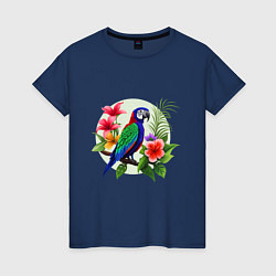 Футболка хлопковая женская Попугай среди цветов, цвет: тёмно-синий