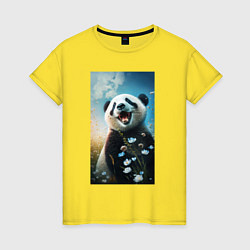 Футболка хлопковая женская Панда с цветочками, цвет: желтый