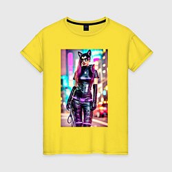 Футболка хлопковая женская Cyberpunk - cat girl - neural network, цвет: желтый