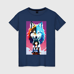 Футболка хлопковая женская Cute girl and wolf - anime - neural network, цвет: тёмно-синий