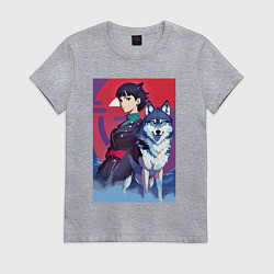 Футболка хлопковая женская Девочка со своим другом волком - аниме, цвет: меланж
