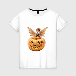 Женская футболка Маленькая фея с крыльями на тыкве в хэллоуин