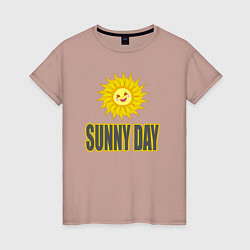 Футболка хлопковая женская Солнечный день - надпись и веселое солнышко, цвет: пыльно-розовый