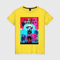 Футболка хлопковая женская Funny skeleton - pop art - pixels halloween, цвет: желтый