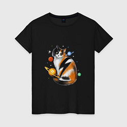 Футболка хлопковая женская Космическая кошка с планетами и молнией, цвет: черный