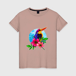 Футболка хлопковая женская Тропическая птица в цветах, цвет: пыльно-розовый