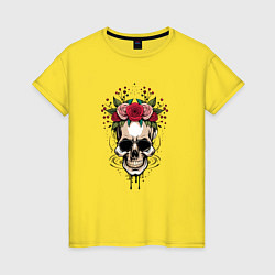 Футболка хлопковая женская Цветочный череп Мексики, цвет: желтый