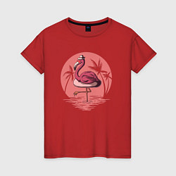 Футболка хлопковая женская Розовый фламинго в очках и шляпе, цвет: красный