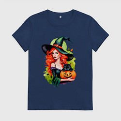 Женская футболка Рыжая ведьма с тыквой и черным котом