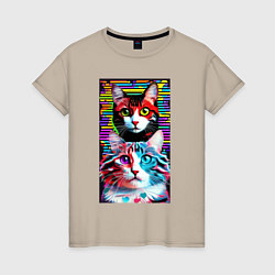 Женская футболка Обалдевшие кот и кошка с разными глазами - поп-арт