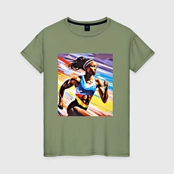 Футболка хлопковая женская Девушка спринтер, цвет: авокадо