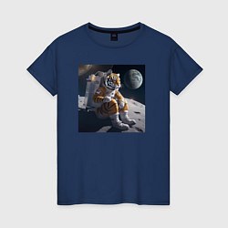 Футболка хлопковая женская Тигр астронавт, цвет: тёмно-синий