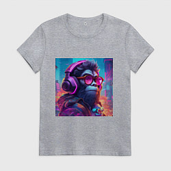 Футболка хлопковая женская Обезьяна в наушниках и очках, цвет: меланж