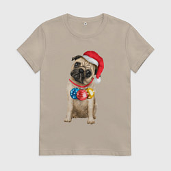 Футболка хлопковая женская Новогодний мопс, цвет: миндальный