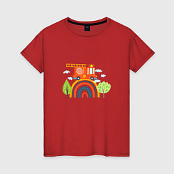 Футболка хлопковая женская Пожарная машина едет по радуге, цвет: красный