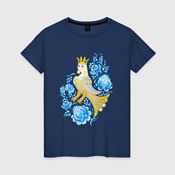 Футболка хлопковая женская Птица Сирин в цветах по мотивам гжельской росписи, цвет: тёмно-синий