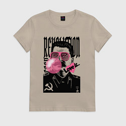 Футболка хлопковая женская Сталин любовь революция и жвачка, цвет: миндальный