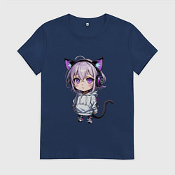 Женская футболка Чиби кошкодевочка в наушниках