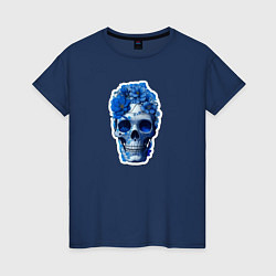 Футболка хлопковая женская Синий череп в цветах, цвет: тёмно-синий