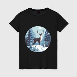 Футболка хлопковая женская Зимняя сказка олень в лесу, цвет: черный