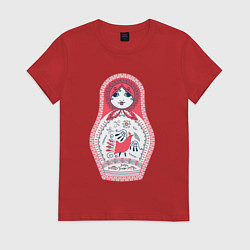Женская футболка Матрешка красно черная с птицей петух