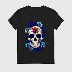 Женская футболка Череп с сининими розами