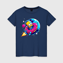 Футболка хлопковая женская Барт Симпсон на ракете-пончике - нейросеть, цвет: тёмно-синий