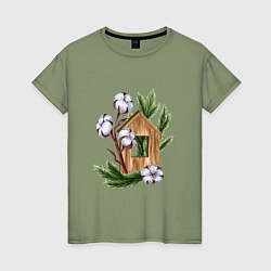 Женская футболка Деревянный домик с хлопком и еловыми ветками