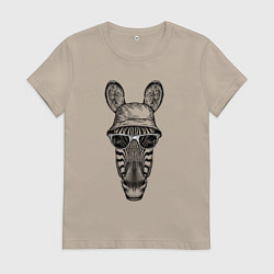 Футболка хлопковая женская Зебра в очках и панаме, цвет: миндальный