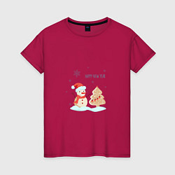 Футболка хлопковая женская Снеговик с имбирной ёлкой, цвет: маджента