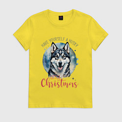 Футболка хлопковая женская Christmas husky, цвет: желтый