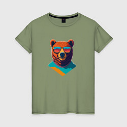 Футболка хлопковая женская Медведь в солнечных очках, цвет: авокадо