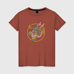 Футболка хлопковая женская Неоновый дракон - символ, цвет: кирпичный