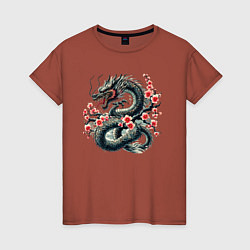 Футболка хлопковая женская Japanese dragon and sakura - irezumi, цвет: кирпичный