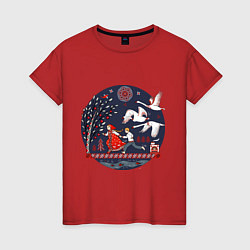 Футболка хлопковая женская Сказка Гуси - лебеди в стиле мезенской росписи, цвет: красный