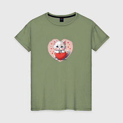 Футболка хлопковая женская Мультяшный котенок и сердечко, цвет: авокадо