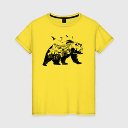 Футболка хлопковая женская Силуэт тайги в медведе, цвет: желтый
