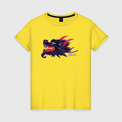 Футболка хлопковая женская Злобная чёрная драконья голова, цвет: желтый