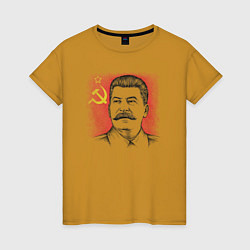 Футболка хлопковая женская Сталин с флагом СССР, цвет: горчичный